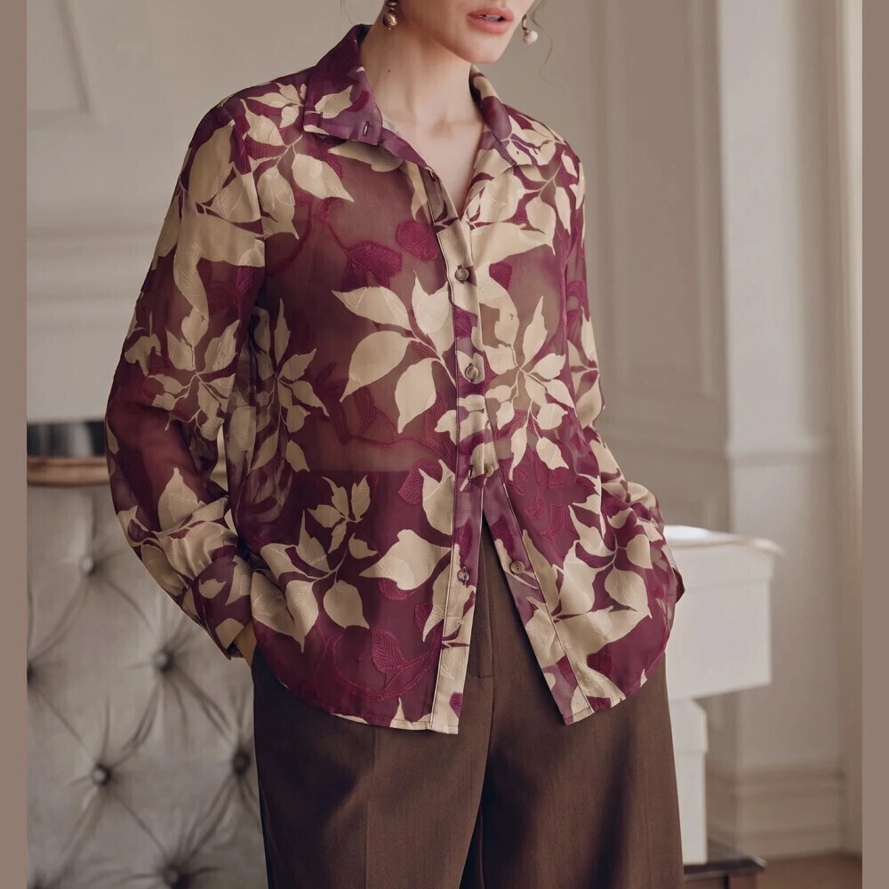 Plum Purple Sheer Floral Jacquard Button Front Shirt Collar